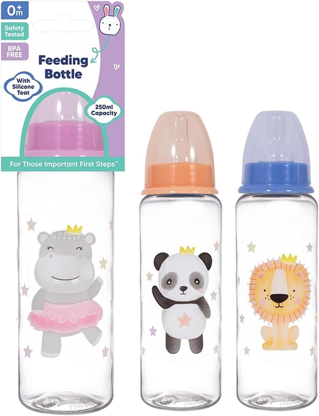 3 Pack Baby Milk and Water Bottles Easy Grip with Soft Silicone Medium Flow Teats 250ml 8.5oz, Fun and Cute Animal Designs (Lion and Friends)