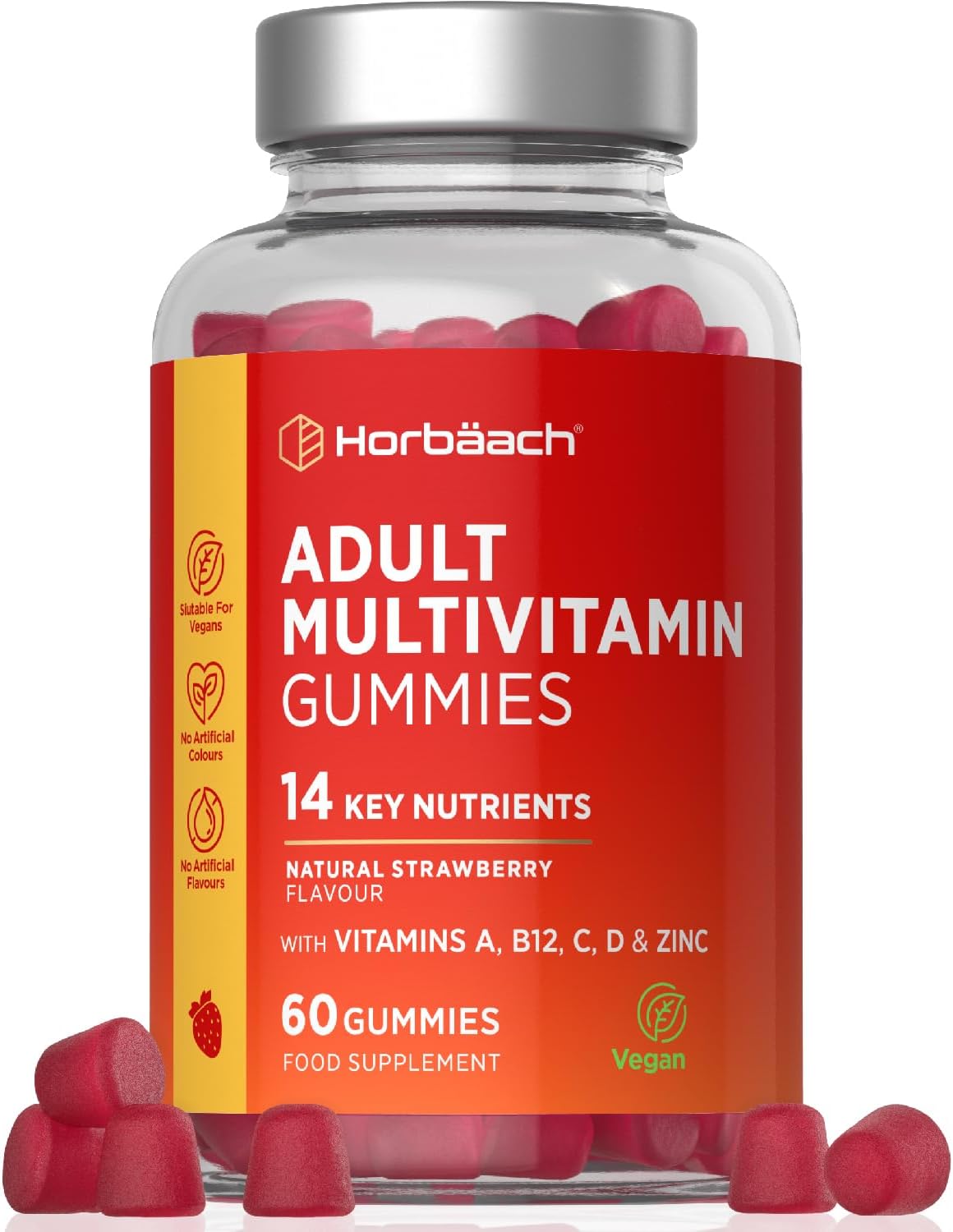 Adult Multivitamin Gummies | 60 Count | 14 Essential Nutrients with Vitamins A, B12, C, D, & Zinc | Natural Strawberry Flavour | Vegan Supplement for Men & Women | by Horbaach
