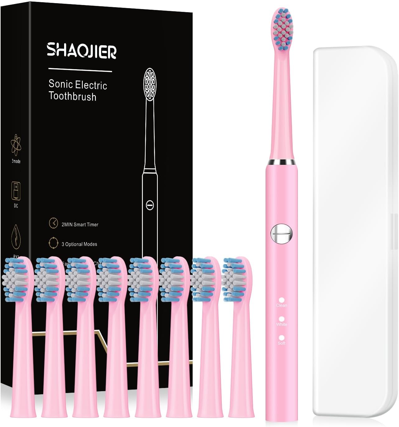 Sonic Electric Toothbrush for Adults and Kids, USB Rechargeable Sonic Toothbrush with 8 Brush Heads, Smart Timer, 3 Modes, Travel case (Pink)