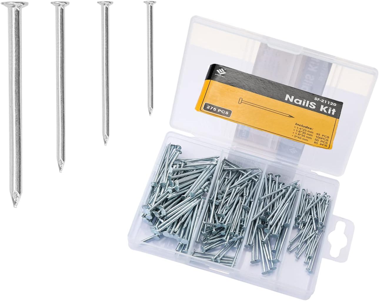 275 Pcs Assorted Nails for Wood Zinc Plated Flat Head Iron Nails for Wood Repair, Small Wall Nails for Hanging Pictures, DIY, Crafts, Woodwork, Furniture, Construction (25, 30, 35, 40mm, Silver)