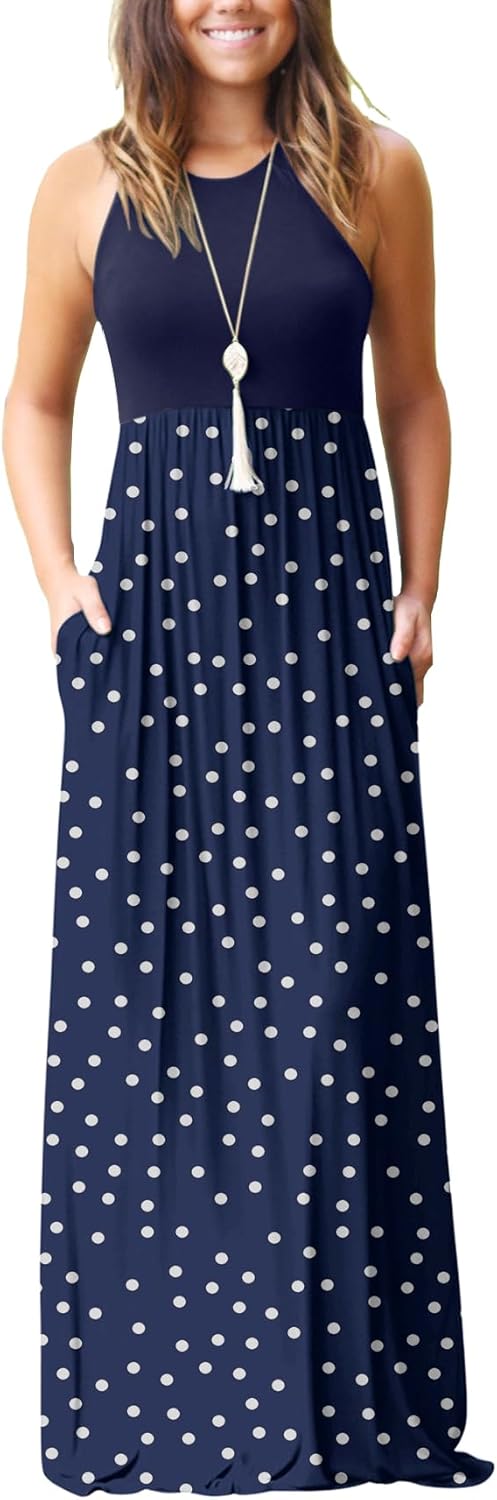 GRECERELLE Women's Sleeveless Racerback Maxi Dress Floral Print Casual Long Dresses with Pockets