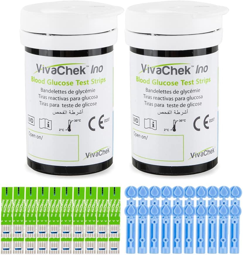 Diabetes Test Strips Blood Glucose Test Strips x 100 & Diabetes Lancets x 100, No Coding Blood Sugar Test Strips for UK Diabetics in mmol/L (VivaChek Ino Series)