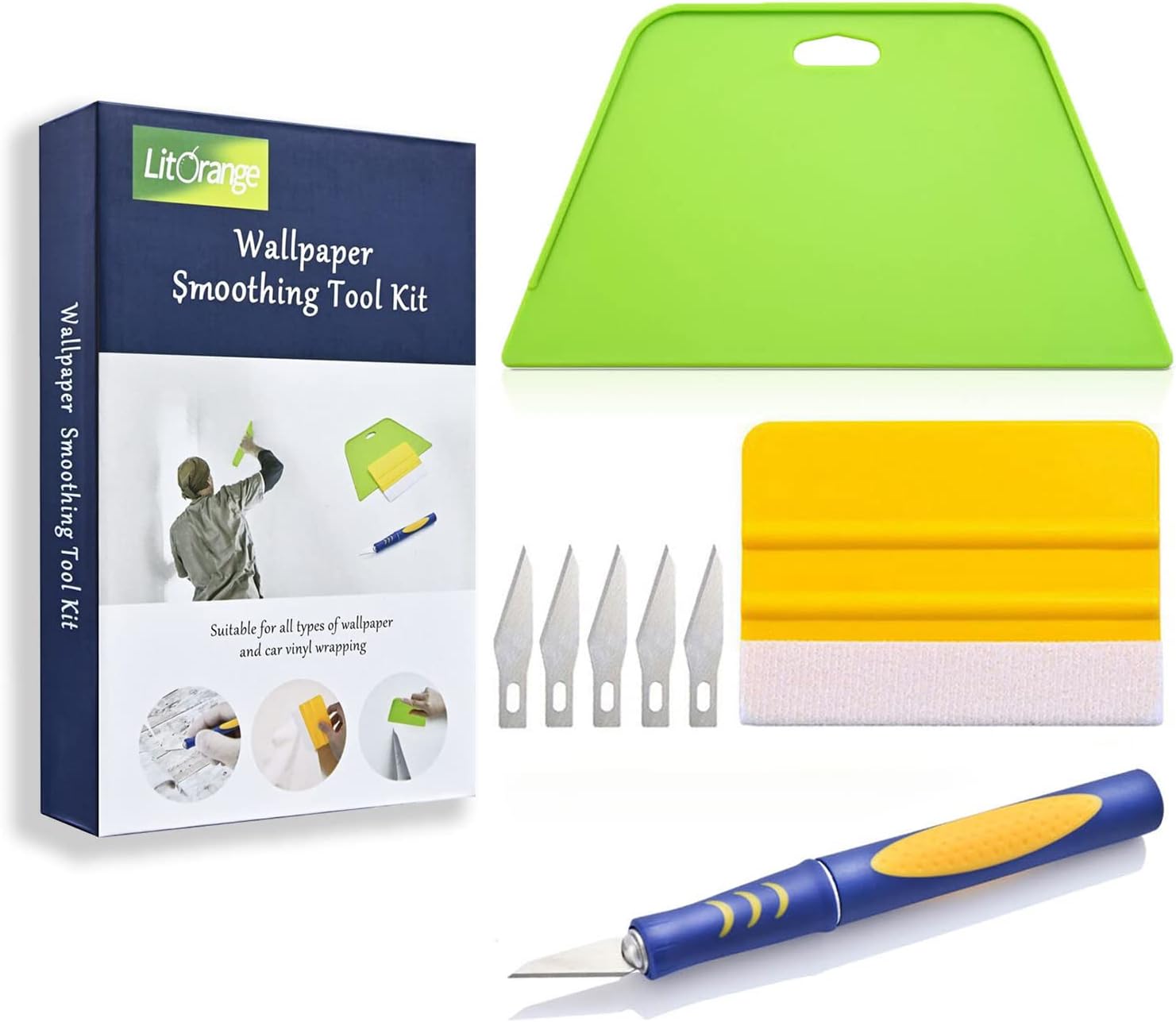 Litorange Wallpaper Tool Set for Hanging, Wallpaper Kit with 5 SK5 Blades & Two Kinds of Squeegee, for All Types of Wallpaper, Car Vinyl Wrap, Window Tint, Glass Film