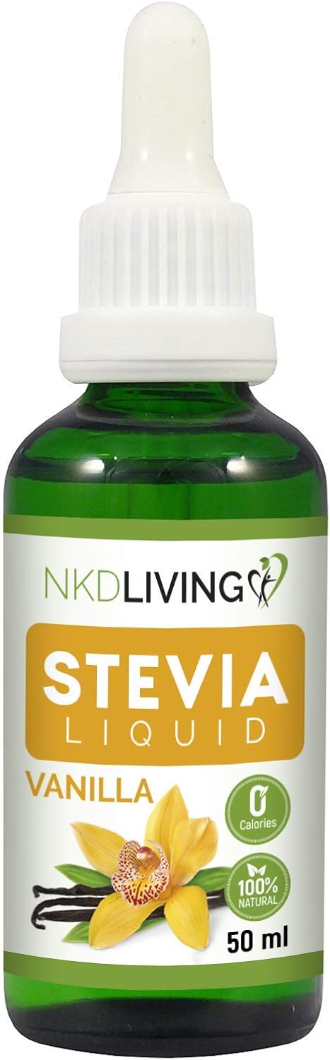 NKD Living Stevia Liquid Drops 50ml (New Label Design) - Vanilla Flavoured - with glass dropper