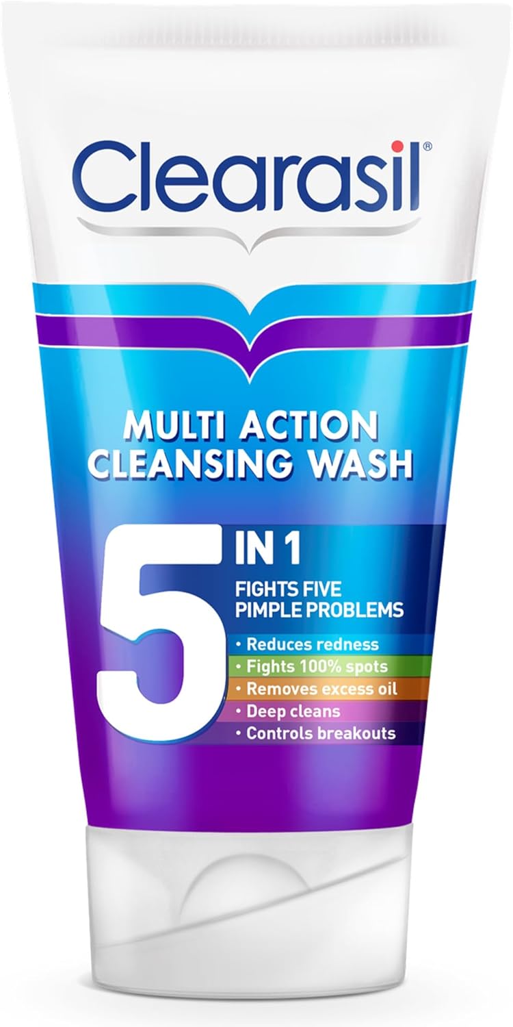 Clearasil 5-In-1 Face Wash 150 ml, Salicylic Acid Cleanser for Acne, Blackheads, Anti-Redness, Spot Treatment, Reduces Pimples, Clears Skin, Effective Skincare Solution