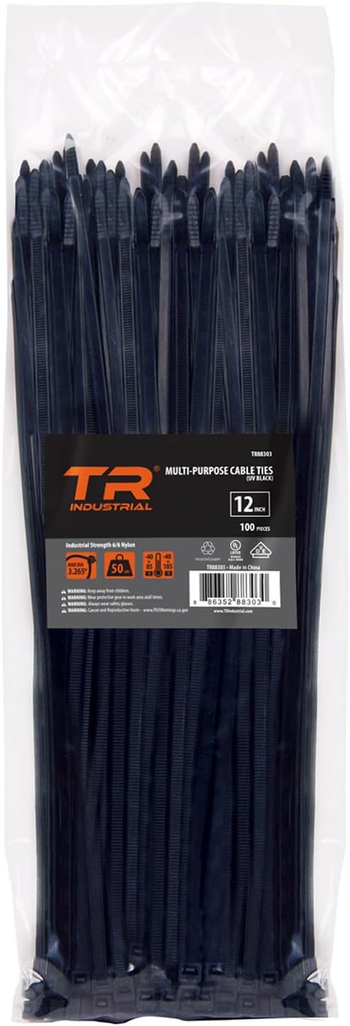 TR Industrial Multi-Purpose UV Resistant Black Cable Ties, 12 inches, 100 Pack