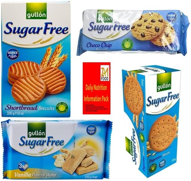 Gullon Sugar Free Cookie Biscuits variety 4 Boxes Shortbread, Digestives, Vanilla Wafers and Chocolate chip Diabetic Gift box for friend & Family on christmas, mothers & father day zamfoods (1 Bundle)