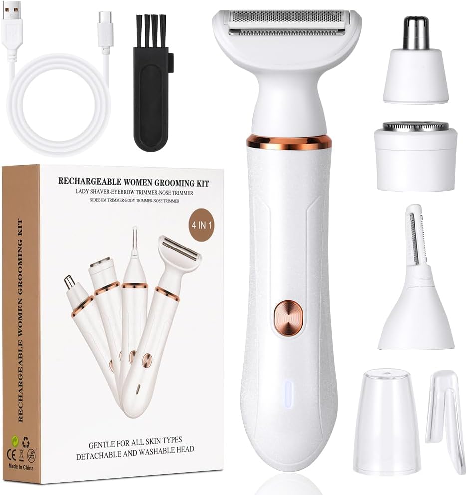 ACWOO Electric Lady Shaver, Cordless 4 in 1 Electric Shaver for Women, Rechargeable Painless Electric Razor Bikini Trimmer Wet and Dry Hair Removal for Face Legs Underarm Nose and Eyebrow (A)