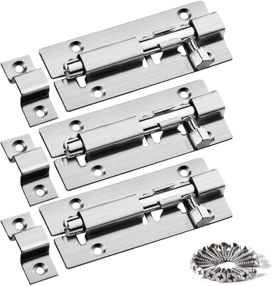 Stainless Steel Heavy Duty 3'' Gate Bolt Locks - 3Pcs Slide Latch Barrel Bolt for Bathroom Shed Door Yard Garage Gates (Silver)