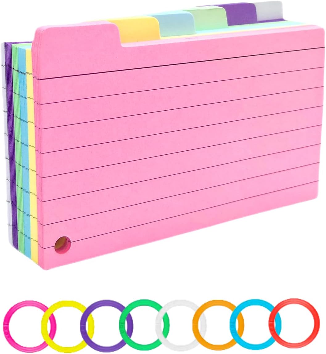 Tabbed Flash Cards Paper 150Pcs Colourful Index Cards Paper Revision Cards with 8 Binder Rings Lined Flashcards Note Taking Cards for Office School to Do List