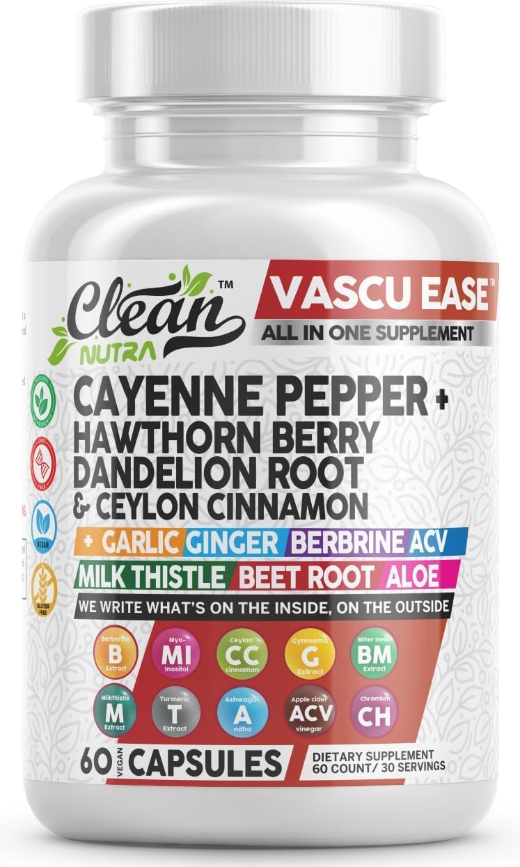 Clean Nutra Cayenne Pepper Capsules Supplement with Hawthorn Berry, Dandelion Root, Ceylon Cinnamon, Garlic, Ginger, Berberine, Apple Cider Vinegar, Milk Thistle, Beet Root, Aloe Vera Pills & More