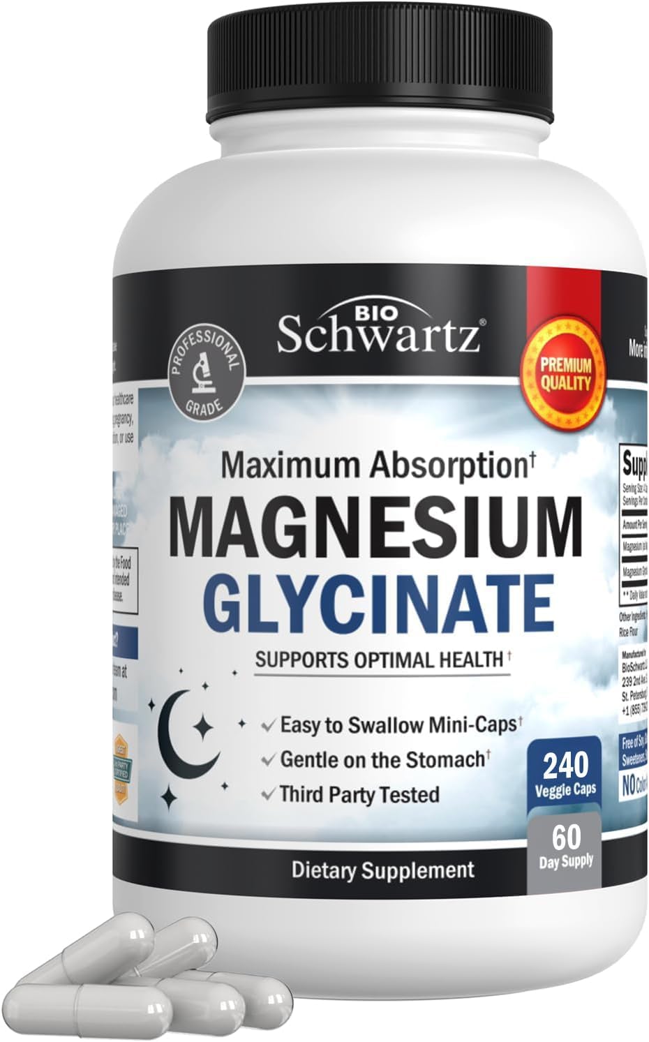 Magnesium Glycinate 500mg Capsules (240 Mini Caps) Maximum Absorption Magnesium Supplement for Nerves Muscles Heart Mood and Sleep Support (Vegan Safe with No Gluten, Soy or GMOs) by BioSchwartz