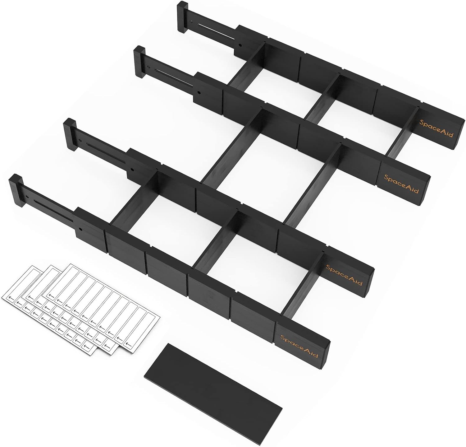 SpaceAid Bamboo Drawer Dividers with Inserts and Labels, Kitchen Adjustable Drawer Organizers, Expandable Organization for Home, Office, Dressers, 4 Dividers with 9 Inserts (17-22 in, Black)