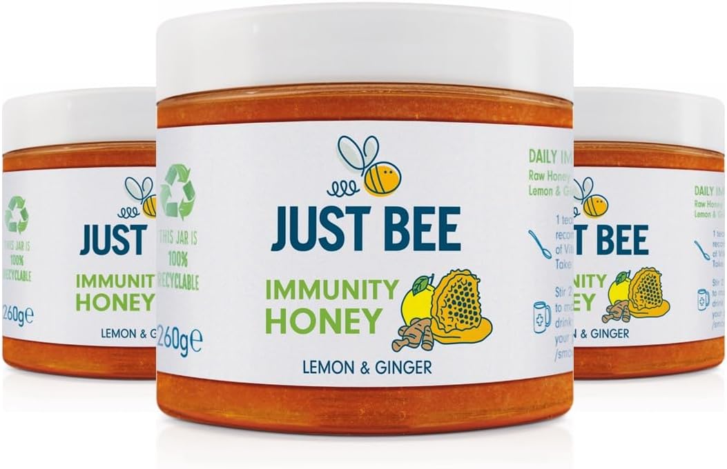 Just Bee Lemon and Ginger Immunity Honey Multipack, natural raw honey with vitamins, including Vitamin D, C, B6, B12, Echinacea (3 x 260g jar pack)