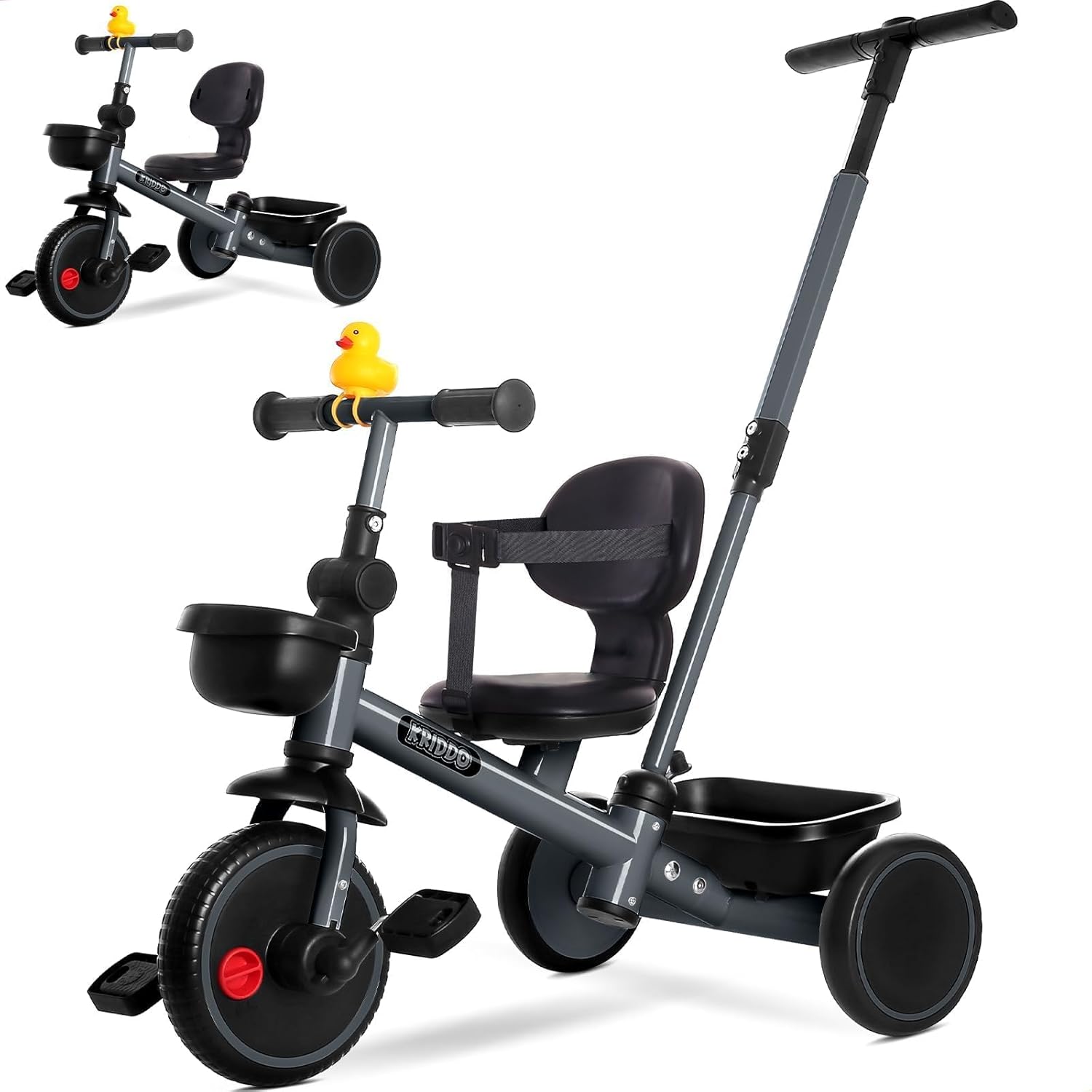 KRIDDO 2-in-1 Tricycle for Toddlers 1.5-5 Years, Push Tricycle with Parent Steering & Detachable Handle, 9-Stage Adjustable Handlebar, Toddler Trike with Safety Belt, Clutch Pedals & Dual Basket, Grey
