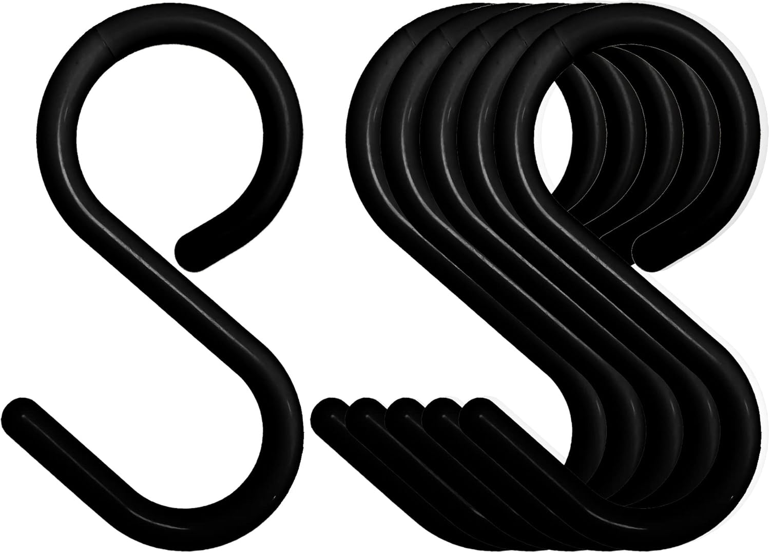 6-Pack Secure & Quiet Plastic S Hooks, Flexible Neck for Easy Twist & Lock, Completely Rust-Free, Holds up to 10 lbs, Black, Large (3.5 inch)