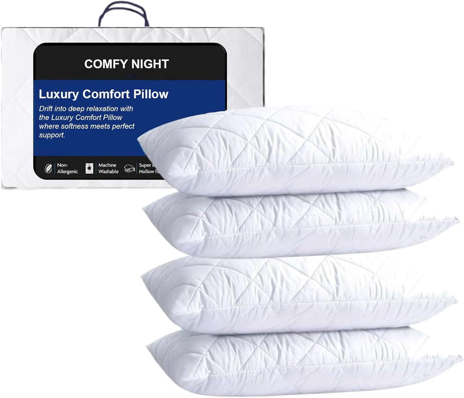 Comfy Nights 4 Pack Hotel Quality Bounce Back Firm Suport Back Neck and Shoulder Pain Relief Quilted Pillow - 4Pack - Quilted