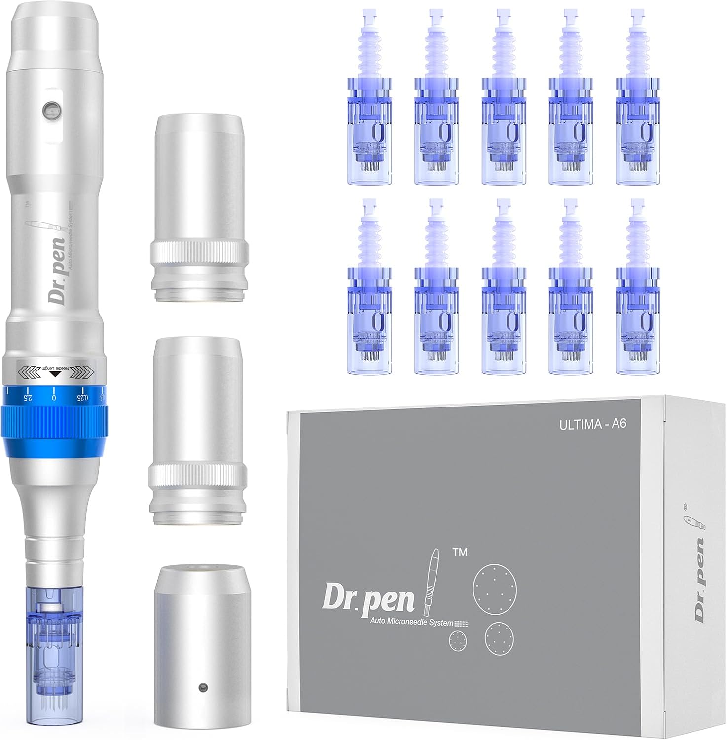 Dr.Pen A6 Microneedling Pen for Face and Body Mirco Needling Derma Pen for Scar Serum in 5 Speeds Depth Adjustable with 2 Backup Batteries and 10 Cartridges 36-Pin Wired & Wireless UK Plug