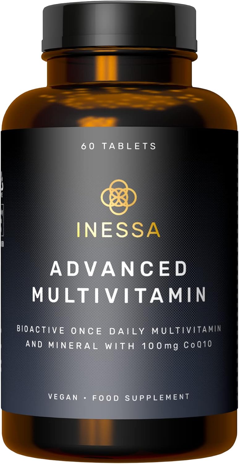 Inessa Multivitamin with CoQ10 100mg, Vitamin D3 2000 IU, K2 100mcg, B Complex, Vitamins A 800mcg, Folic Acid as 5-MTHF 400mcg, Zinc 20mg and Lutein