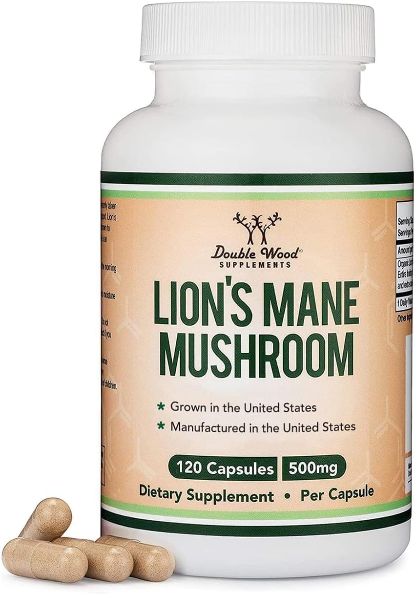 Organic Lions Mane Mushroom Capsules (120 Count), for Brain Support and Immune Health, Third Party Tested and Grown in The USA - by Double Wood