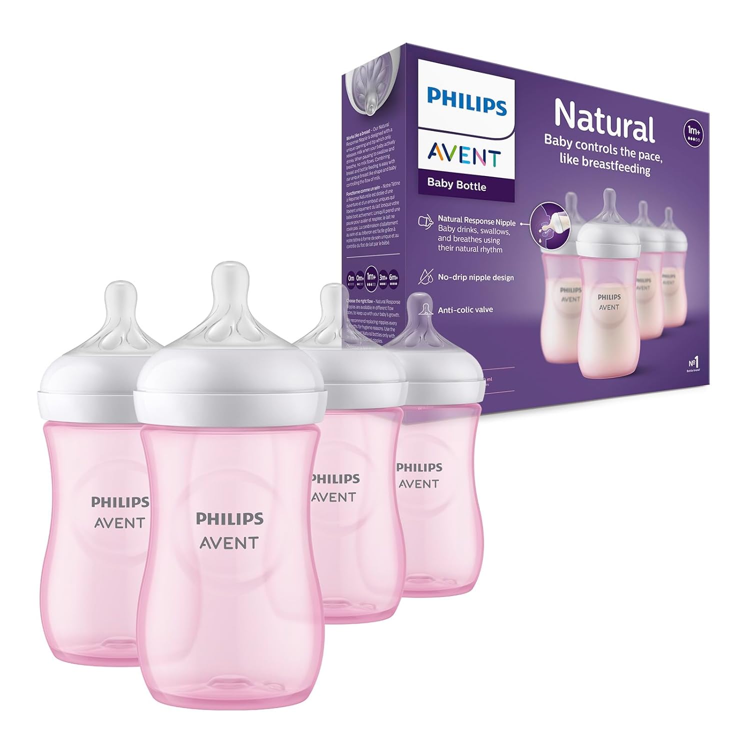 Philips Avent Natural Baby Bottle with Natural Response Nipple, Pink, 9oz, 4pk, SCY903/14