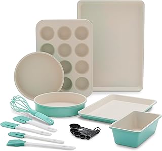 GreenLife Bakeware Healthy Ceramic Nonstick, 12 Piece Baking Set with Cookie Sheets Muffin Cake and Loaf Pans including utensils, PFAS-Free, Turquoise