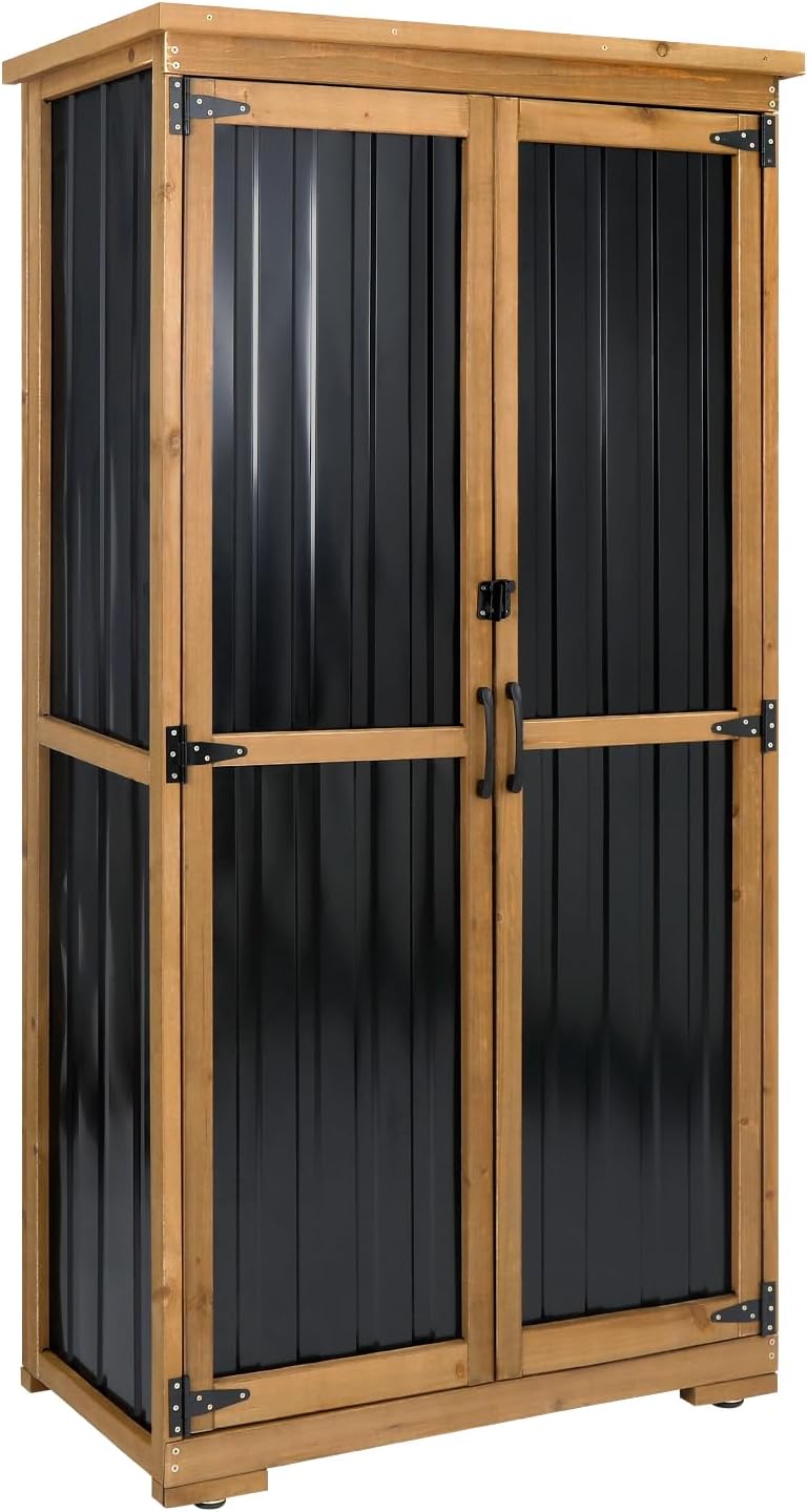 Outdoor Storage Cabinet Wood & Metal with Waterproof Roof, Garden Tool Shed with 3 Removable Shelves, 4 adjustable reinforced feet with metal brackets, 6 T-Hinge, magnetic door,15.6"D x 32.3"W x 66"H