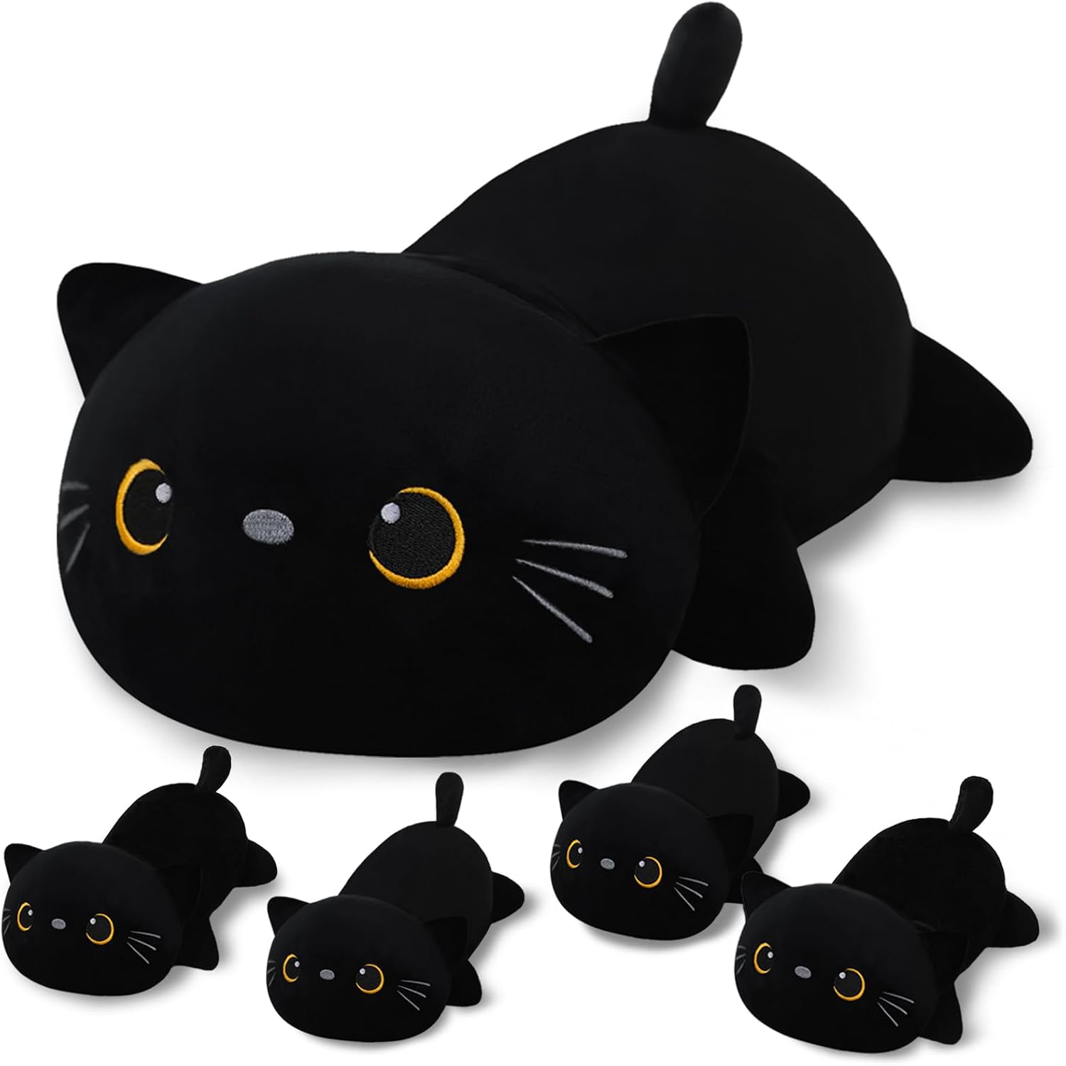 SQEQE Black Cat Plush, Cute Black Cat Stuffed Animals with 4 Baby Black Kitten Plushies in Her Tummy, Soft Giant Black Cat Pillow Toy Gift for Kids Adults