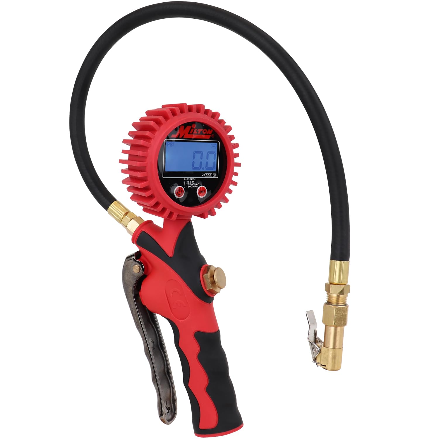 Milton Heavy-Duty Digital Tire Pressure Gauge with Inflator, Clip-on Air Chuck, 20” Air Hose, Easy to Read 0.1 Display, Pistol Grip Handle, Max 255 PSI, 1/4" NPT, S-568