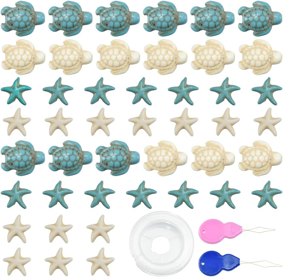 OKUYAN 120PCS Sea Turtle Beads Starfish Beads Charms Carved Turtle Bead Charms Turquoise Starfish Bead Charms Ocean Animal Spacer Beads Set with Thread and Threader for Bracelets Making Jewellery DIY