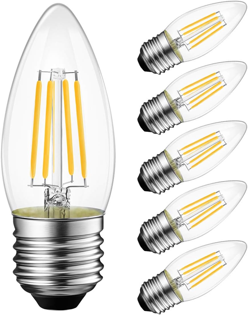 LVWIT Dimmable LED Candelabra Bulbs B11 Filament Bulb E26 Base 5.5W(75W Equivalent) 2700K Warm White Chandelier Decorative Candle Light Bulb 6 Pack