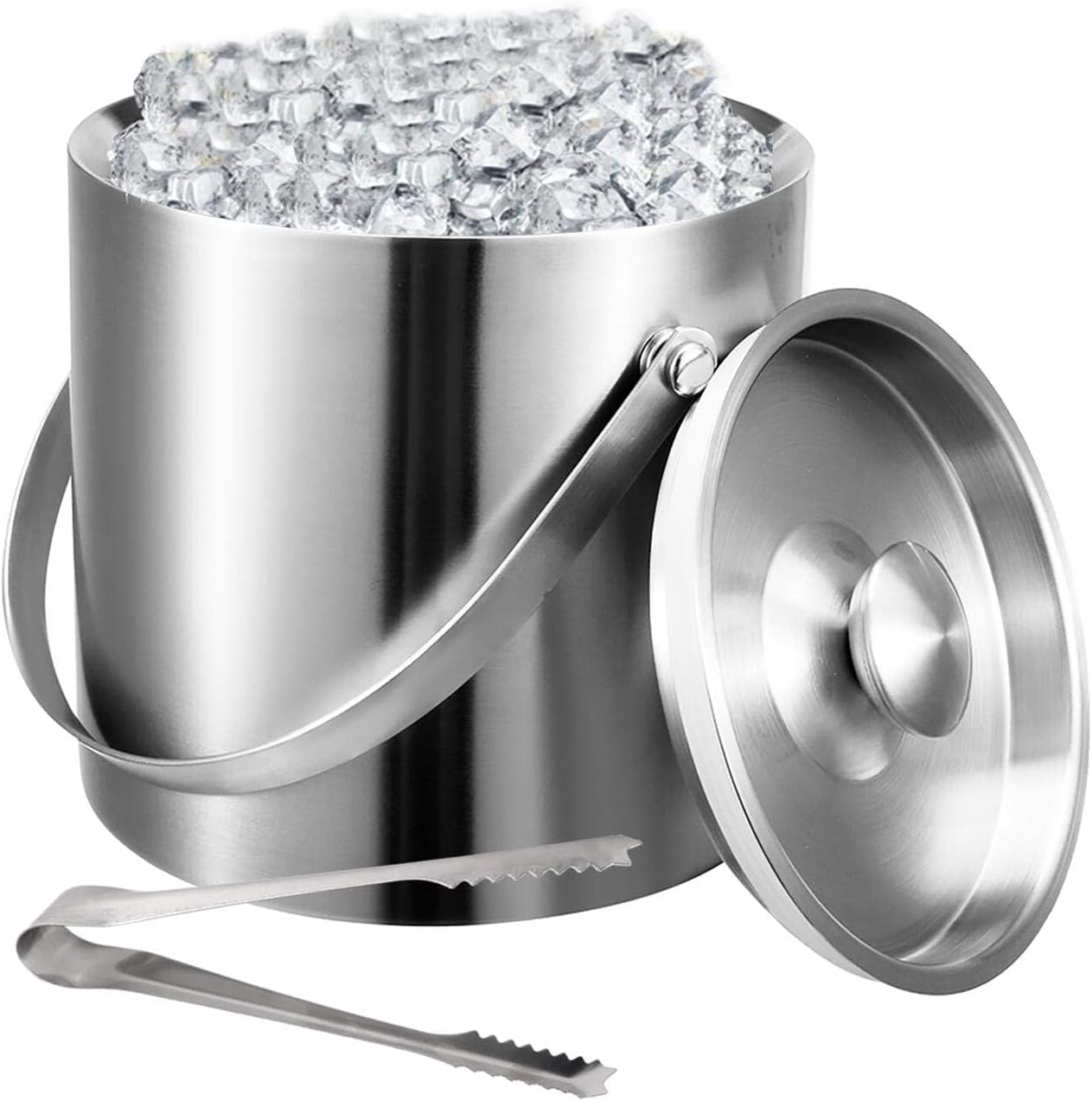 Double Walled Stainless Steel Insulated Ice Bucket with Removable Lid AndIce Tong,1.6 L Double Wall Ice Bucket, for Home Bar, Restaurant, BBQ, Parties, Clubs