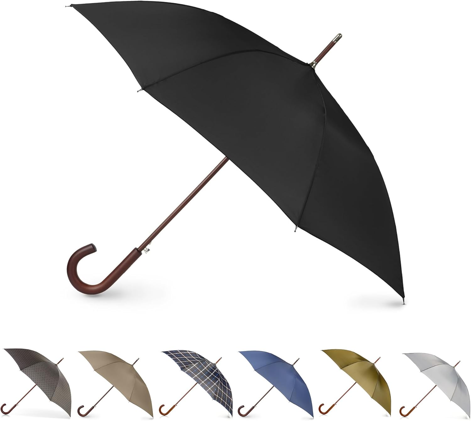 Totes Eco Auto Open Umbrella Classic Wooden J Stick Handle with Easy Grip - Windproof, Rainproof and Durable Canopy Design – Versatile Travel, Perfect for Rainy Days