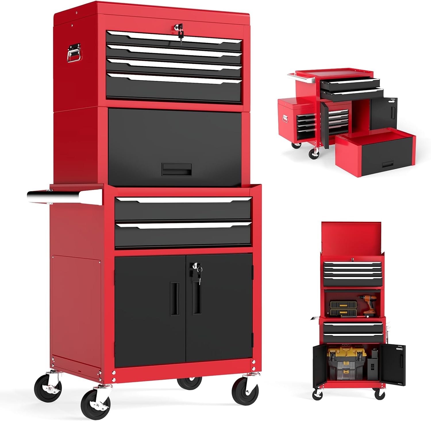 TANGZON Tool Cabinet, 2/3 in 1 Auto-Lockable Rolling Metal Tool Chest with 6 Drawers & Univeral Wheels, Heavy Duty Tool Box Organizer Cart Trolley (3 in 1, Black+Red)