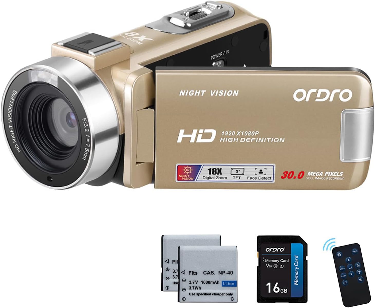 ORDRO Full HD 1080P 30MP Camcorder 18X Digital Zoom IR Night Vision YouTube Video Camera 3.0" 270° Rotating Screen with 16GB Card & 2 Batteries Vlogging Camera (Gold)