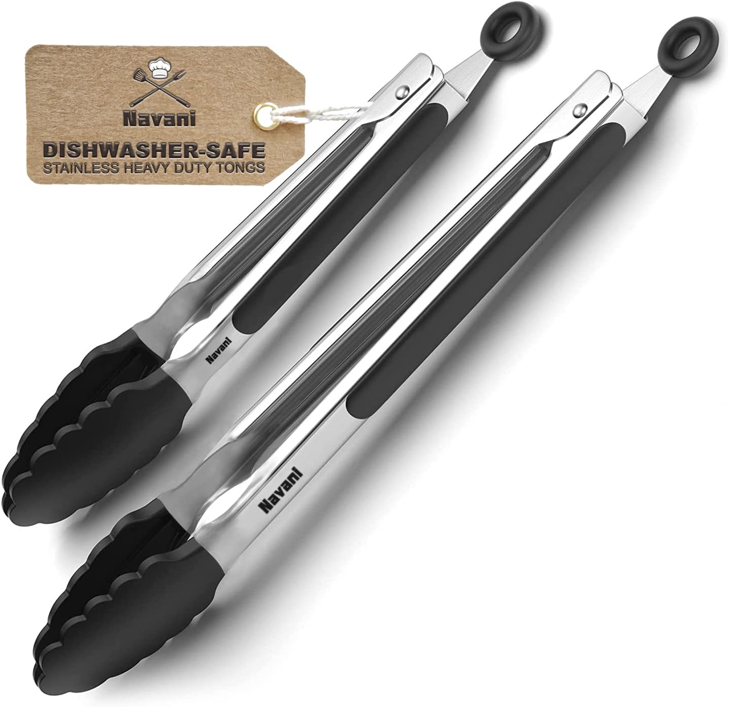 Navani Kitchen Tongs | 9 & 12 Inch Silicone Tip Tongs | Non Stick for Air Fryer & Salad/Pasta, Black 2pcs