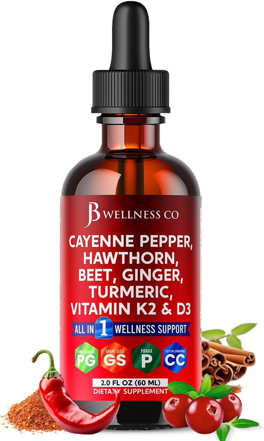 Cayenne Pepper Supplement Liquid Drops + Hawthorn Berry, Vitamin D3 K2 Beet Root Powder, Ceylon Cinnamon, Turmeric Curcumin, Organic Panax Ginseng - 2oz