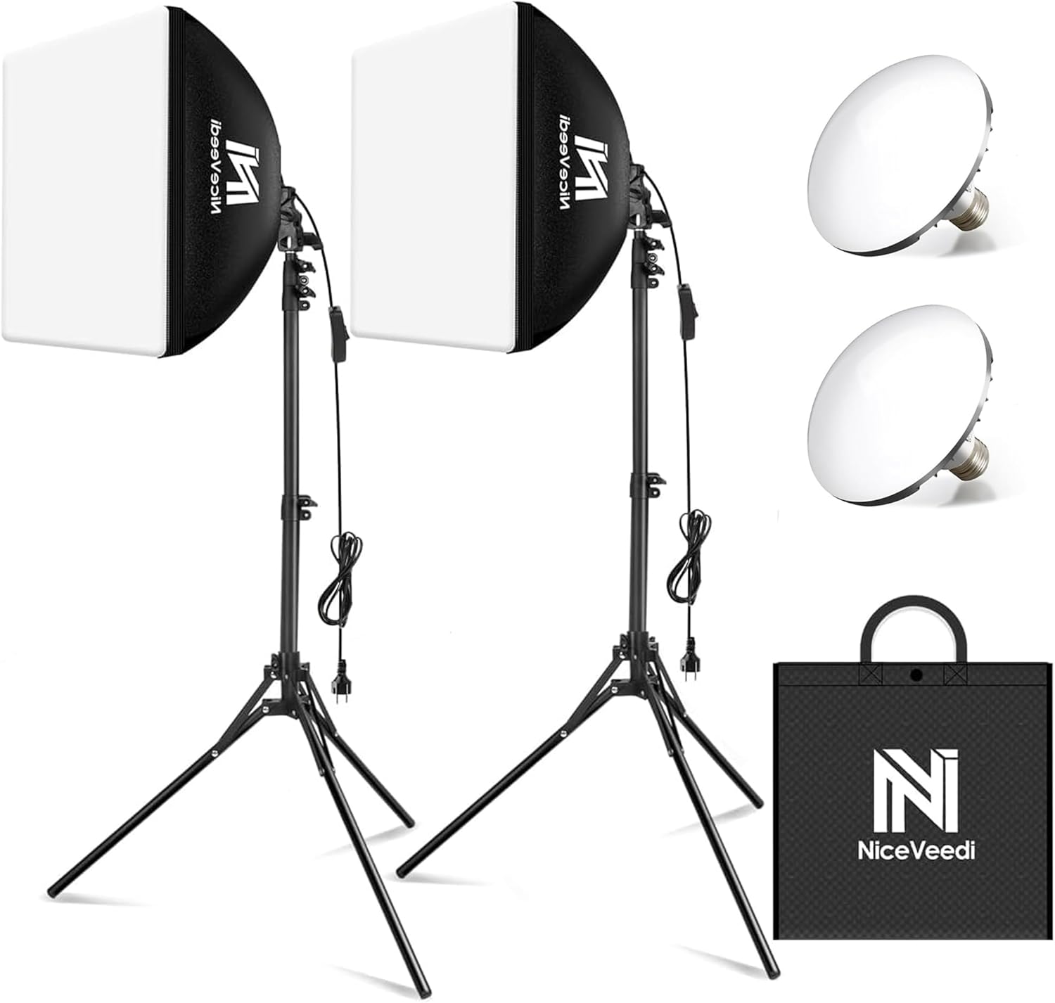 Niceveedi Photography Light Kit, 5400K Softbox Light With 160cm Tripod Stand &50W/450W Equivalent LED Bulb, Continuous Studio Lighting for Video Recording/Live Streaming/Selfie/Camera Filming (2-PACK)