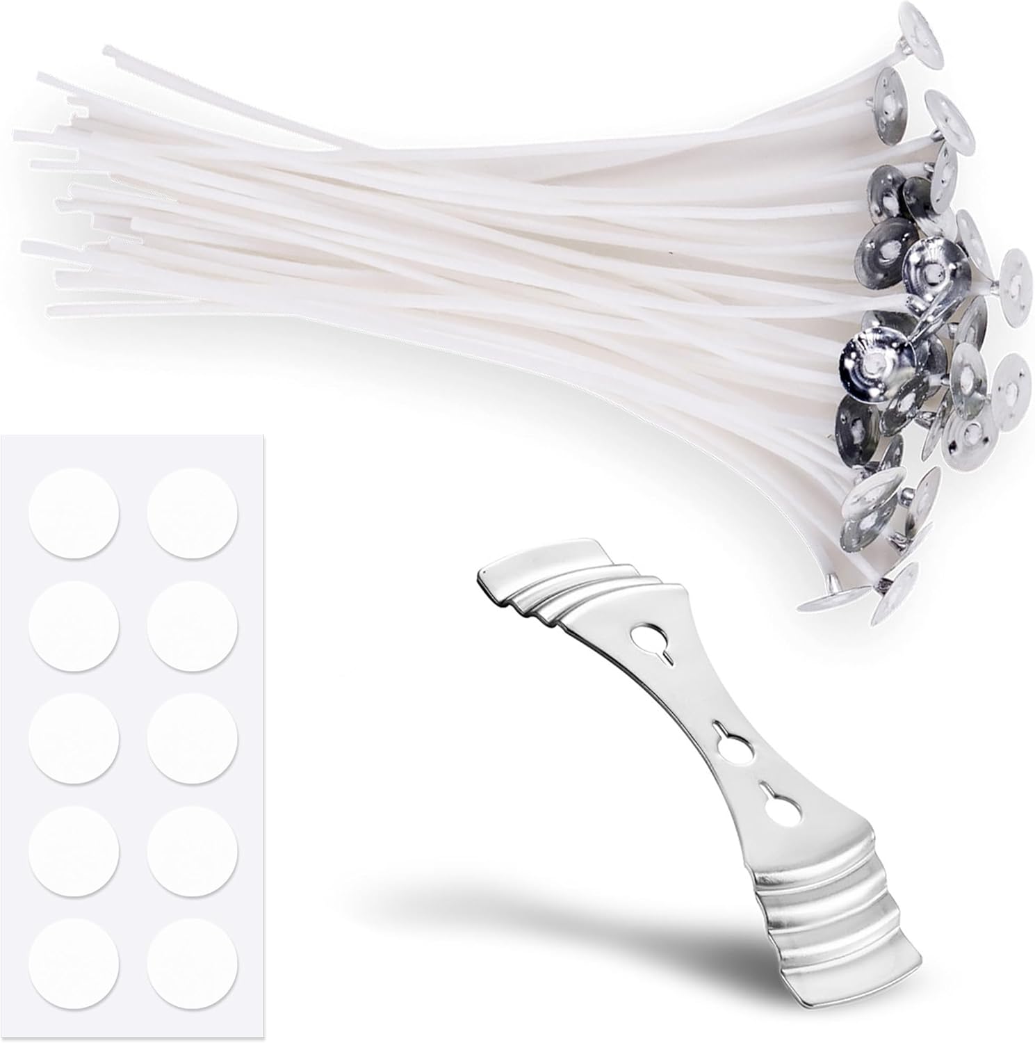 Mindful Memories Candle Wicks 10 Pcs 10cm with 1 Candle Wick Holder & 10 Glue Stickers, Long Lasting Pre-Waxed & Tabbed Cotton Threads with No Black Smoke for Making Candles