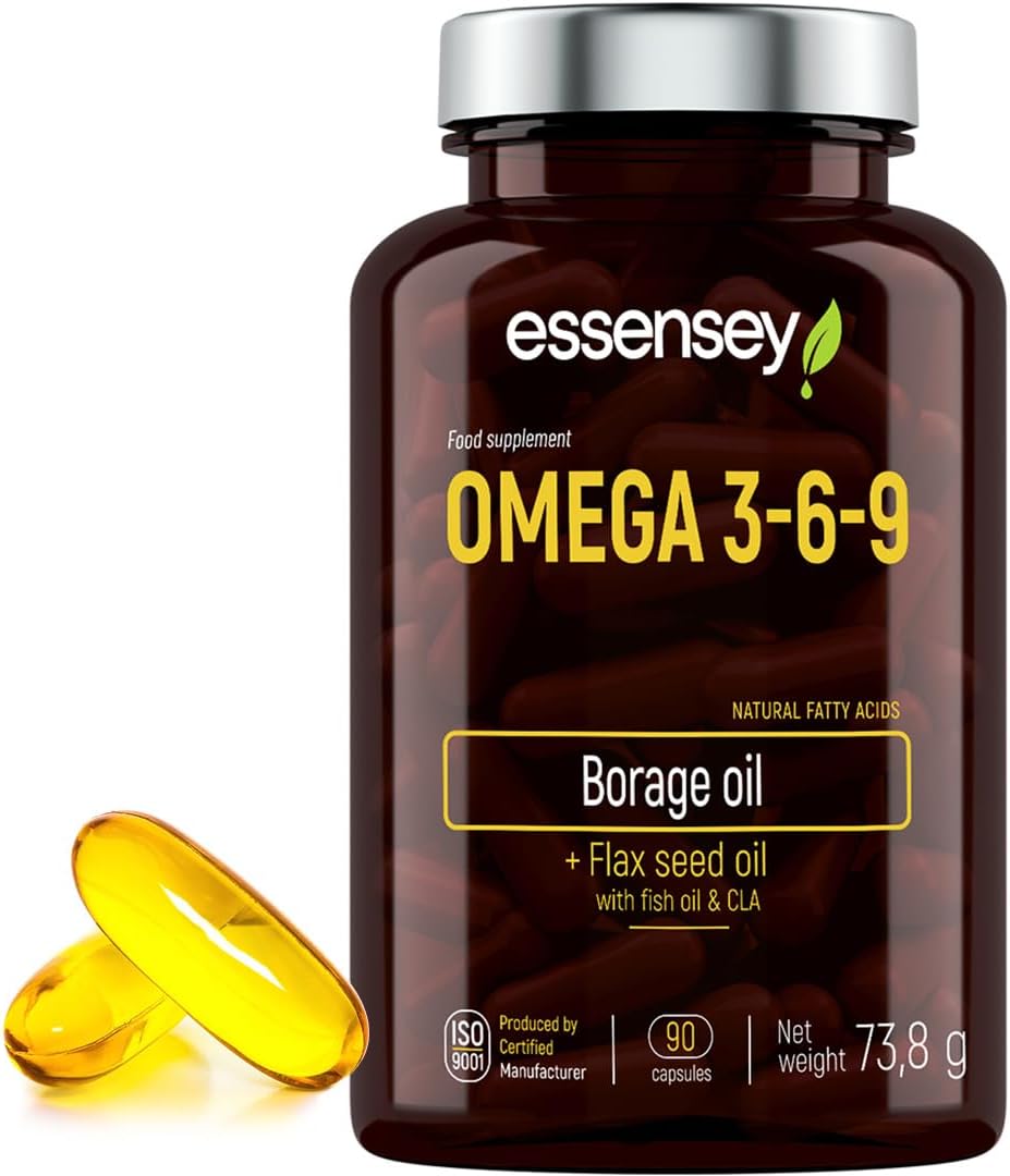 Essensey Omega 3 6 9 Complex 90 High Strength Vegan Capsules | Complex Dietary Supplement | Natural Fatty acids | Triple Omega 369 with EPA, DHA & ALA from Borage, Fish, Linseed Oil