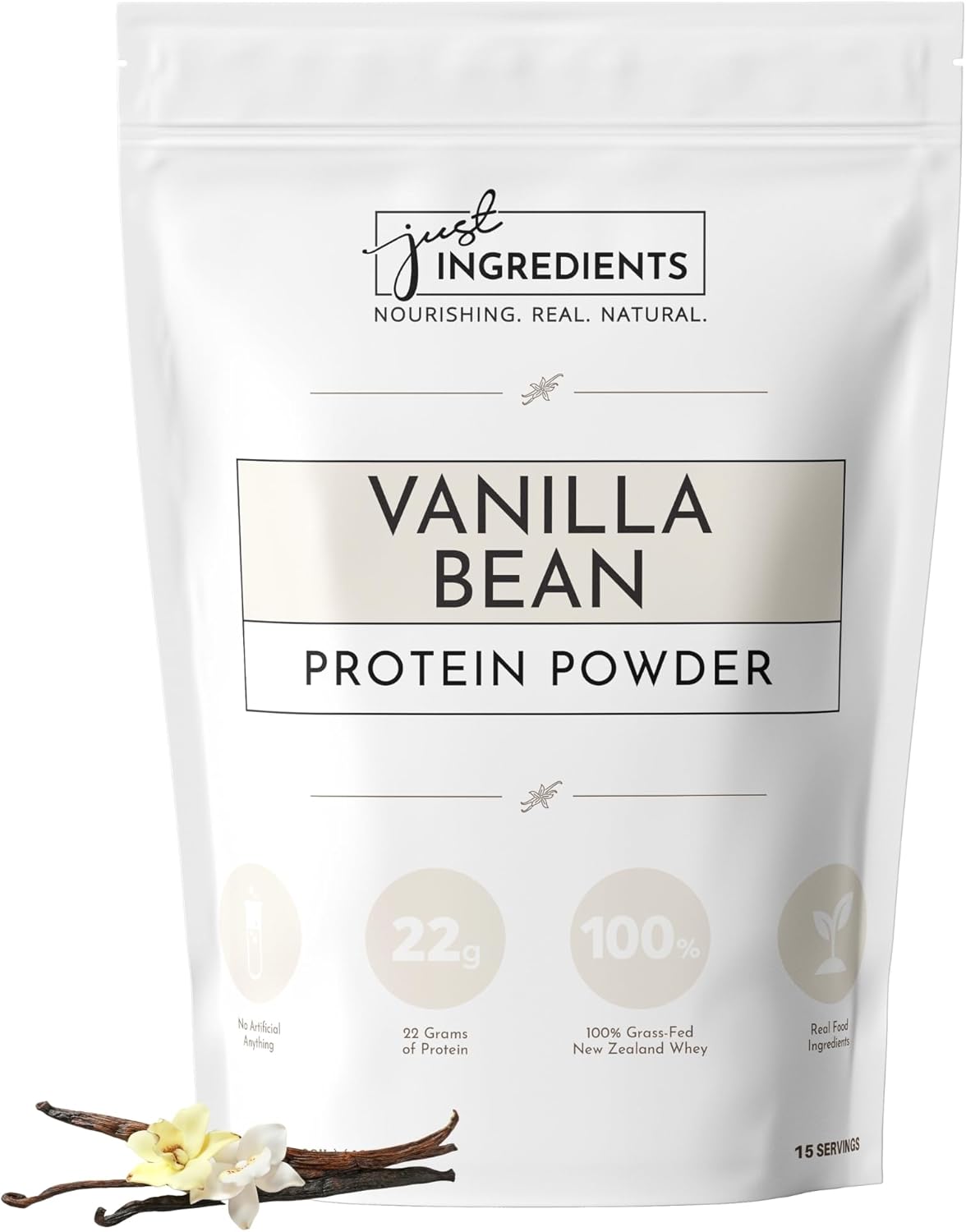 JUST INGREDIENTS Vanilla Protein Powder - Grass-Fed Whey Blend, Organic, Gluten Free - 15 Servings, 22g Protein