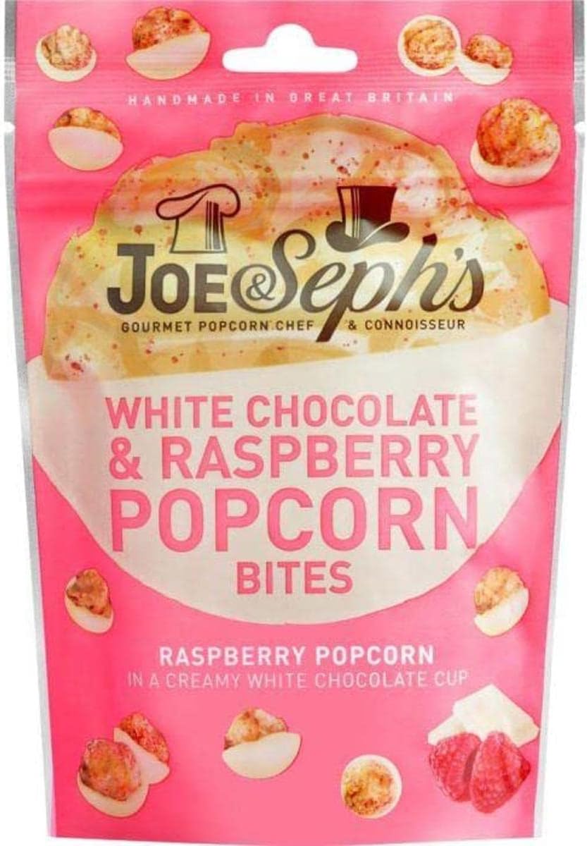 Joe & Seph's White Chocolate & Raspberry Popcorn Bites (1x63g), 1 Star Great Taste Award, gourmet popcorn, air-popped popcorn, popcorn bag, popcorn for a party, sweet popcorn