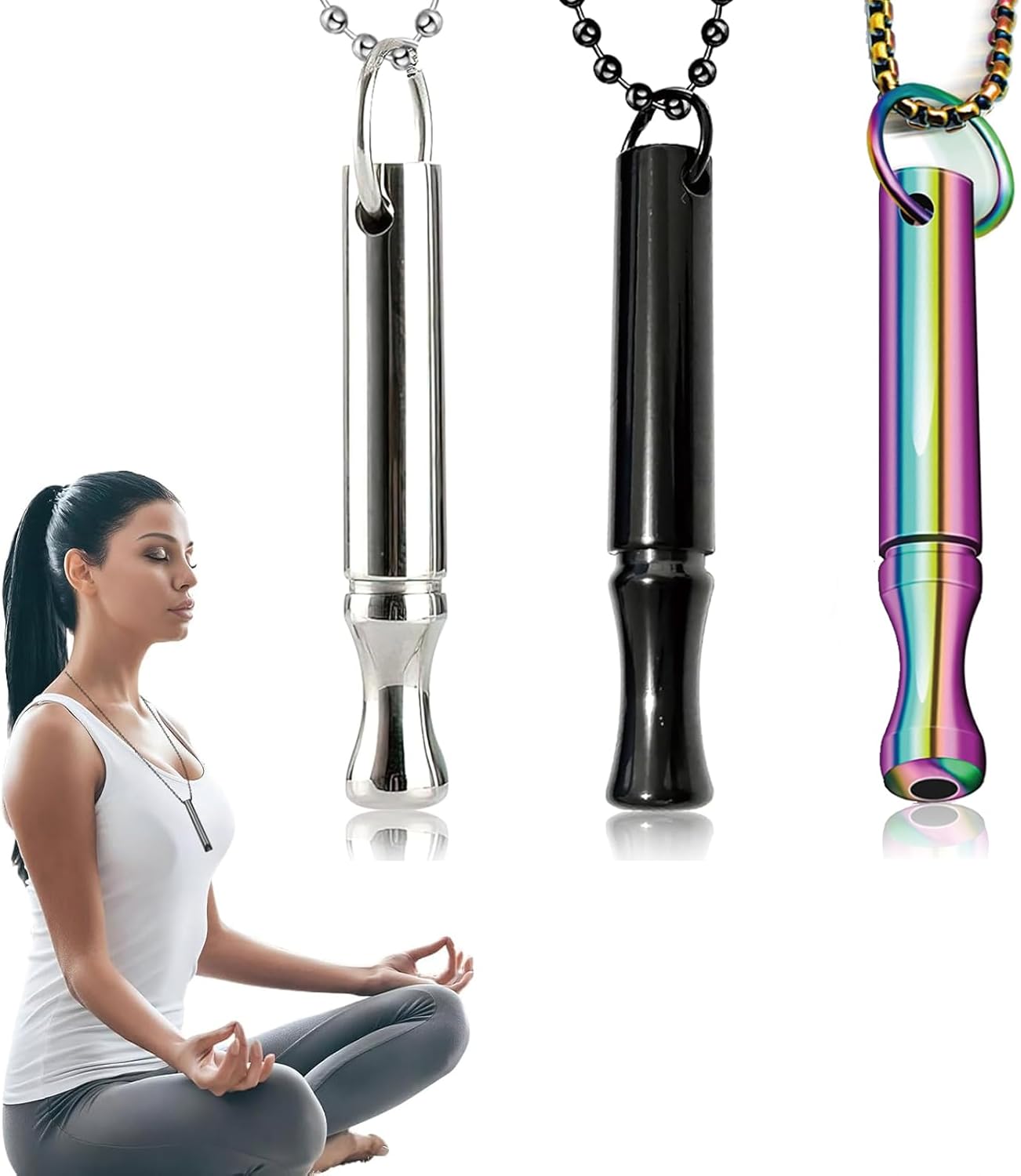 3PCS Breathing Necklace, Stainless Steel Anxiety Necklace, Breathing Exercises Necklace in 3 Colors, Portable Stainless Steel Whistle Necklaces for Men Women Meditation