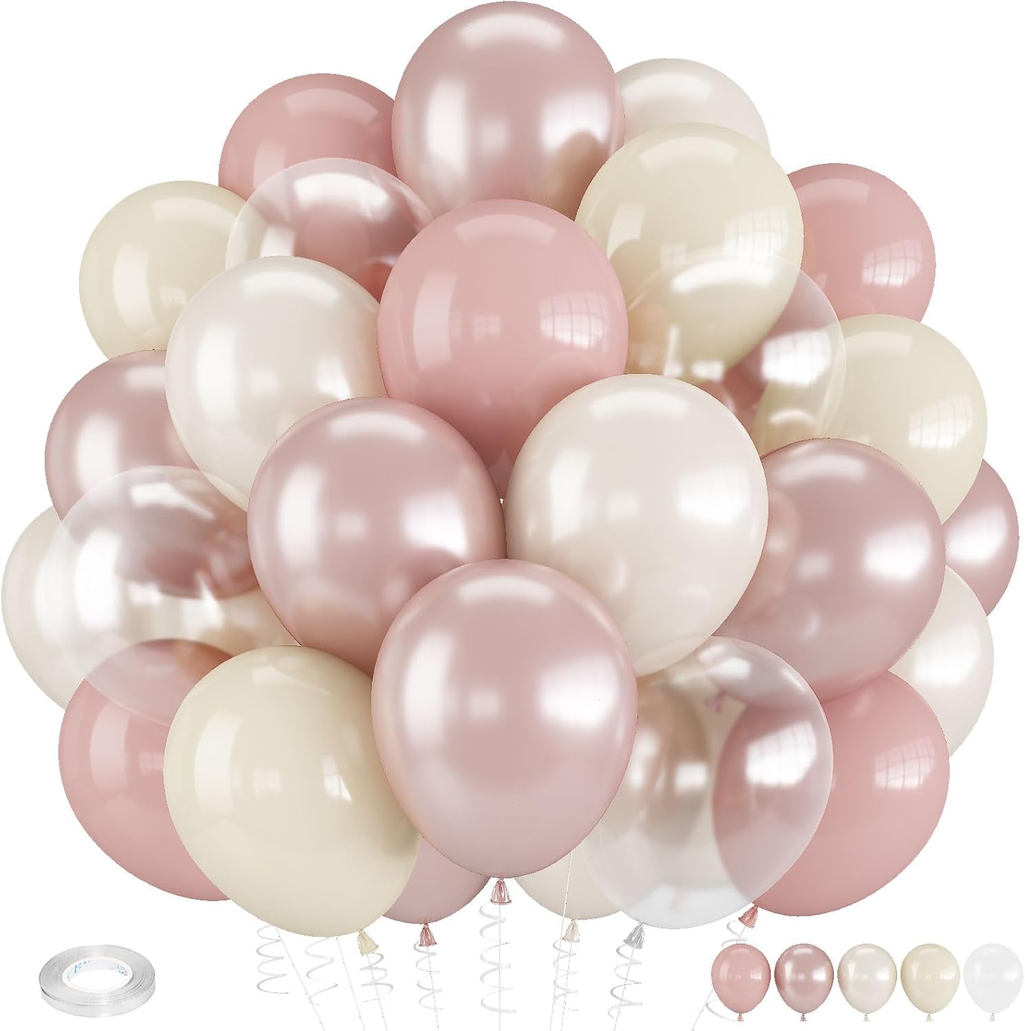 Dusty Pink Balloons, 50 PCS 12 Inch Double Stuffed Blush Pale Light Pink and Pearl Balloon Clear Balloon for Women Girls Baby Shower Bridal Shower Wedding Boho Birthday Party Decorations