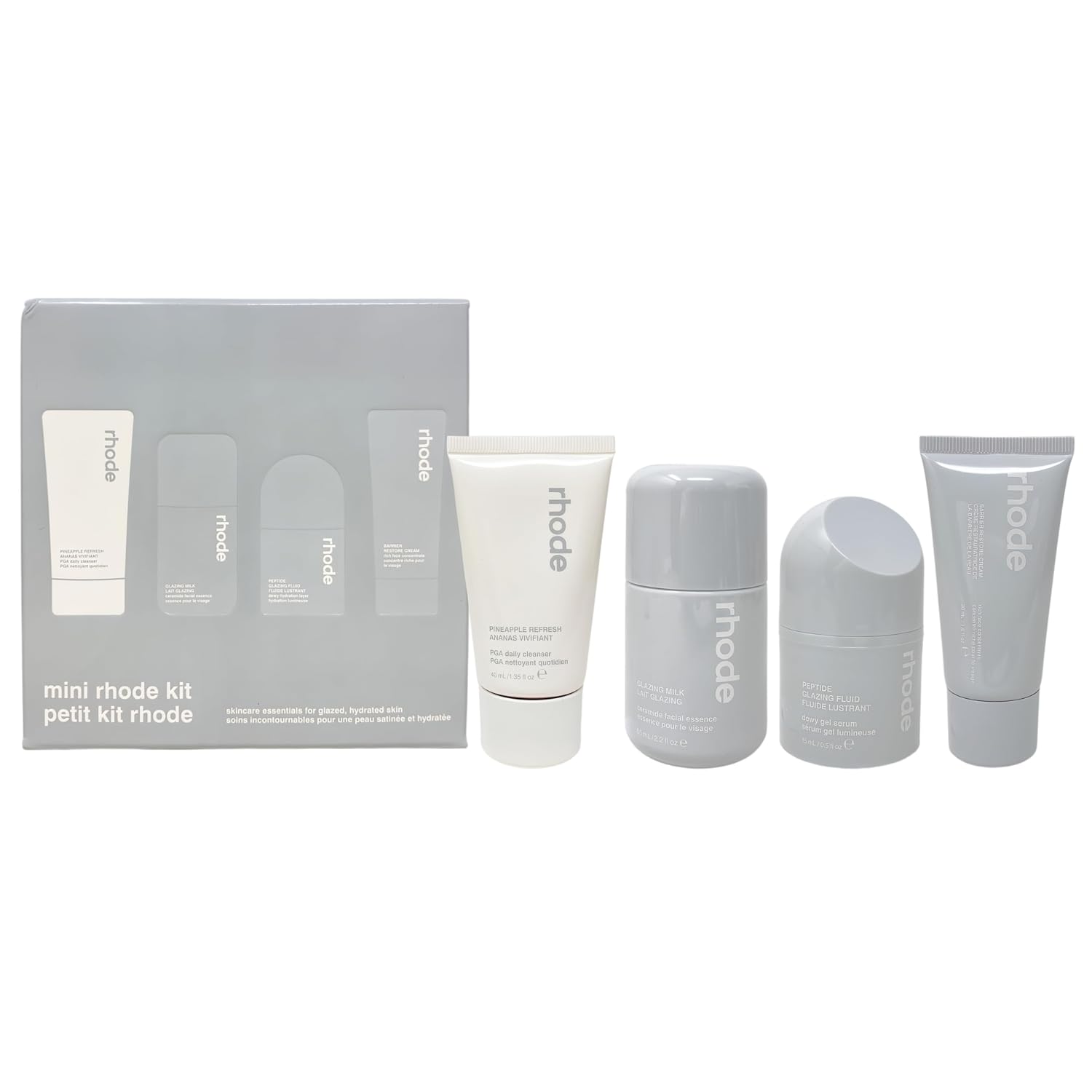 Rhode Mini Kit Glazed Skincare Essentials – 4-Piece Set with Cleanser, Glazing Milk, Peptide Glazing Fluid & Barrier Restore Cream