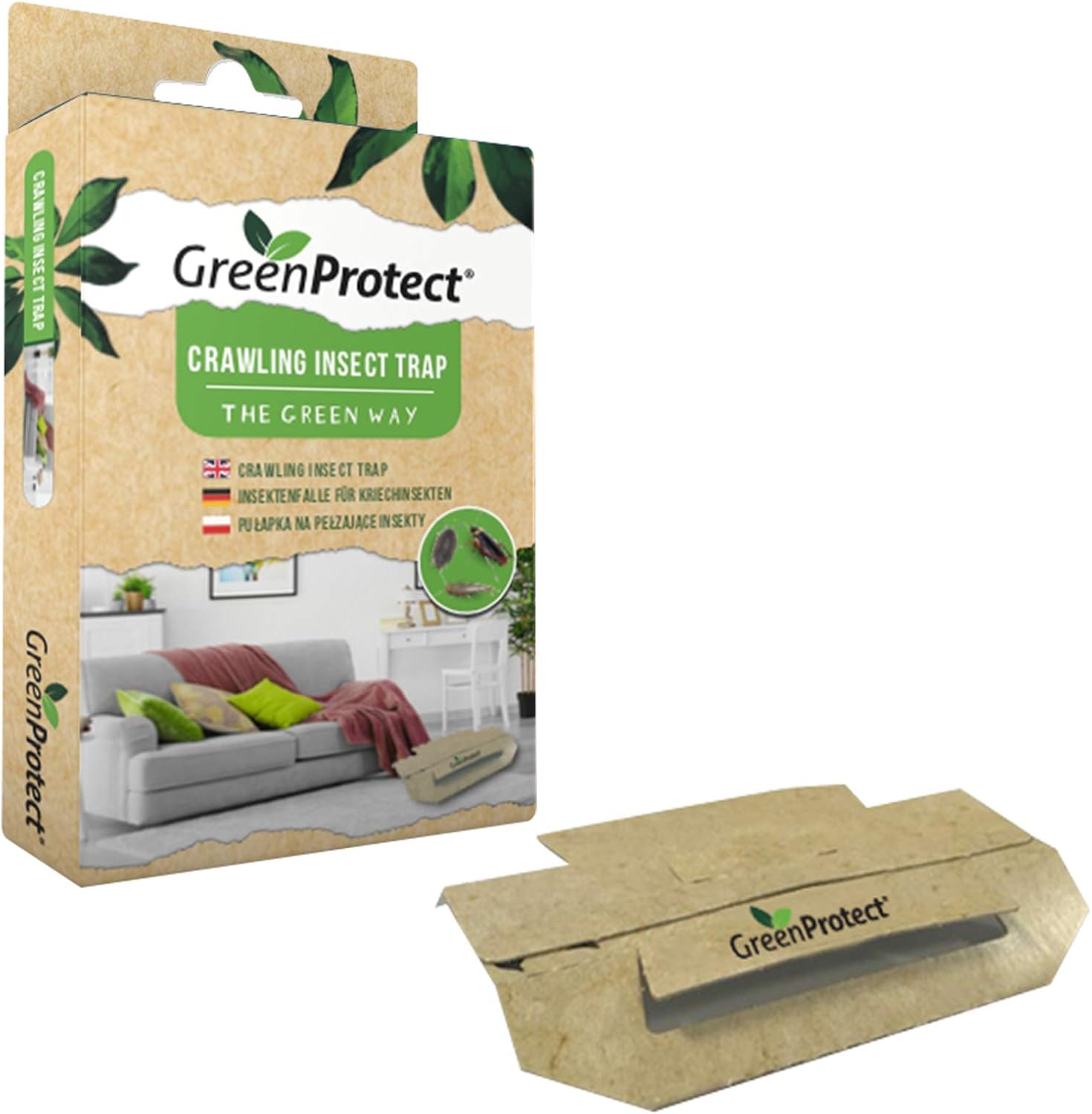 Green Protect Crawling Insect Trap - Sticky Cockroach Traps, Bed Bugs,Strong Adhesive Glue Traps for Invertebrate Pests, Safe Silverfish Killer for Home Garden Office - Pack of 3