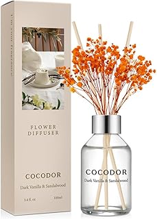 COCODOR Flower Reed Diffuser set / 3.4oz / Dark Vanilla&Sandalwood/Scent Diffuser with Sticks Home Fragrance Reed Diffuser for Bathroom Shelf Decor