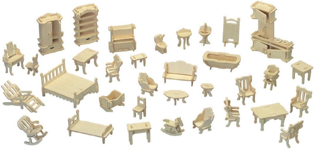 Dollhouse Furniture - Laser Cut Wooden 3D Puzzle Miniature Doll House Kit House Furniture Set - 34 Pieces