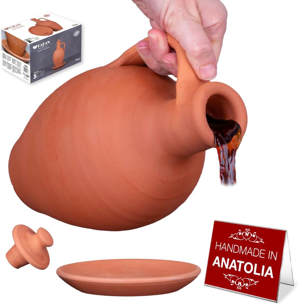 Hakan Anadolu Natural Clay Water Pitcher Set | Unglazed Terracotta Water Carafe & Plate | Traditional Small Mud Jug | Pottery Jar for Drinking Water (Small - 51 oz)
