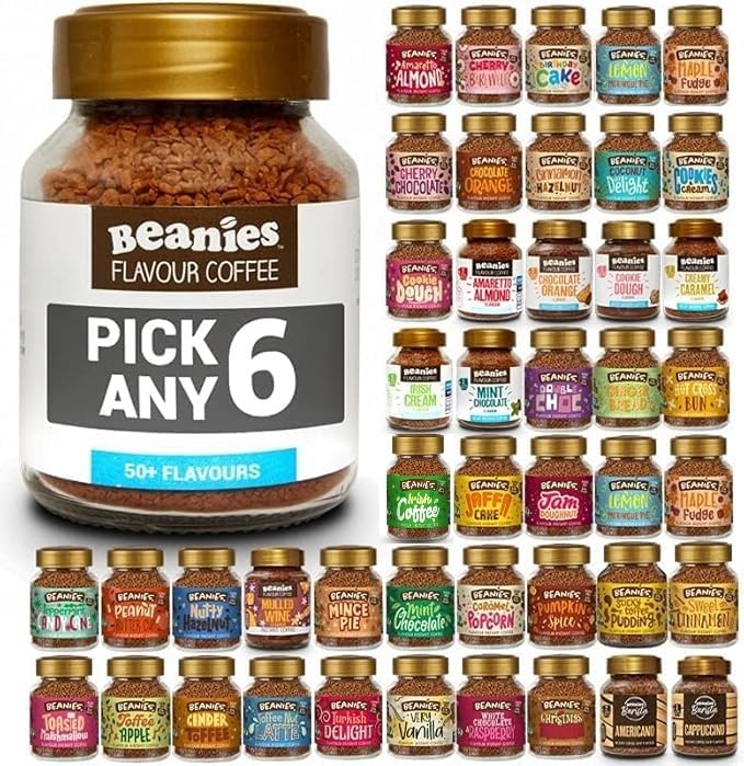 Beanies Flavoured Instant Coffee PICK ANY 6 Jars (50g) from 50+ Flavours Inc. Turkish Delight, Chocolate Orange, Chai Latte, Cookie Dough, Hazelnut, Caramel, Vanilla and More